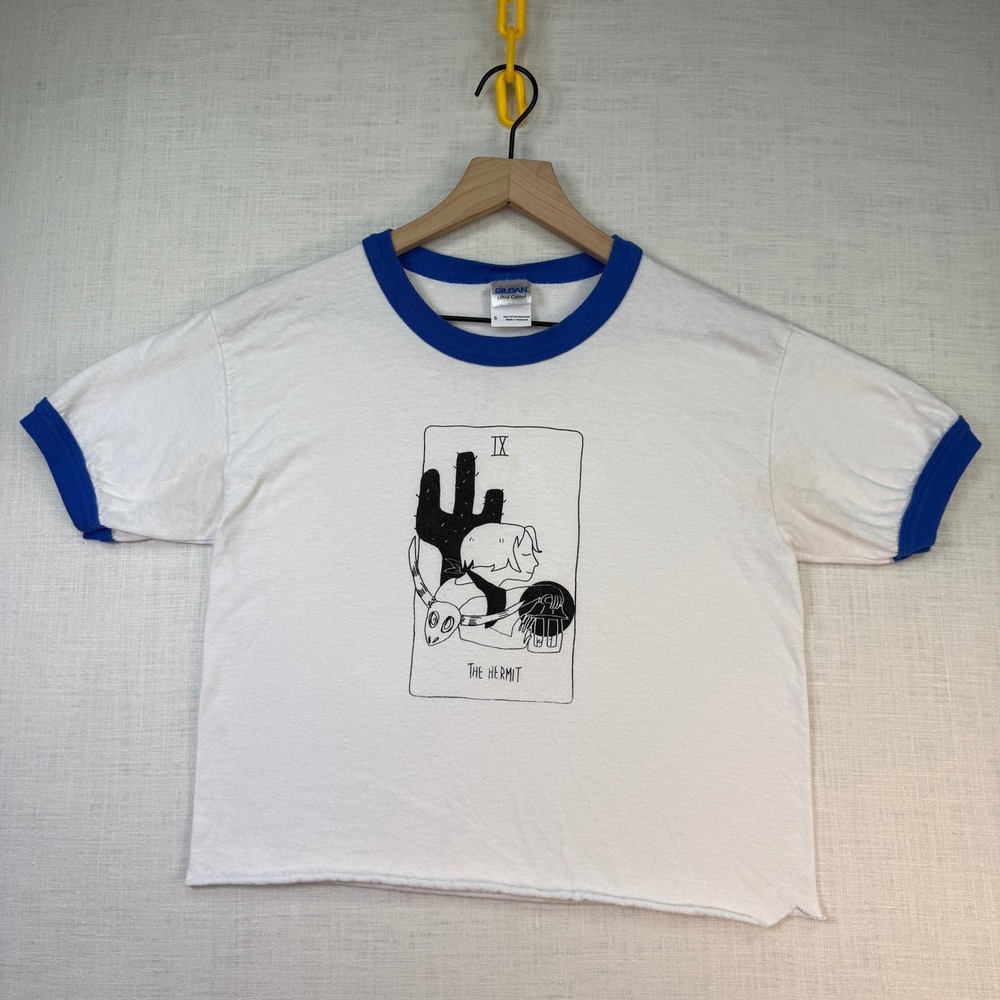 The Hermit Tarot Card T-Shirt S Crop Women Occult Witchy Gildan White Blu;Ringer